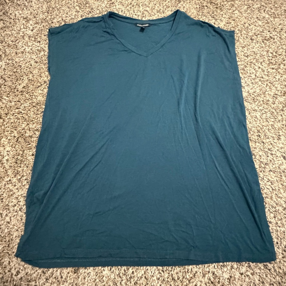 Eileen Fisher Teal Blue Tencel Lyocell V-Neck Sleeveless Tunic Top Small S/P
